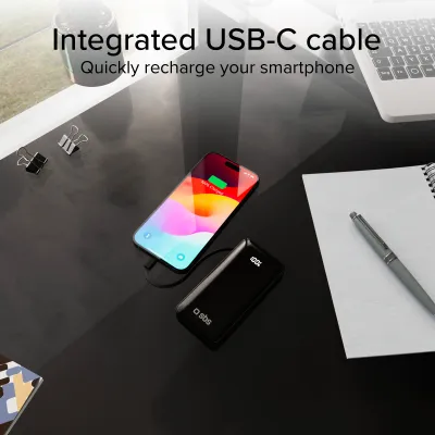 SBS - Powerbank 10000 mAh 20 W, Power Delivery, LCD, s integrovaným káblom, 2x USB-C/USB-A, čierna