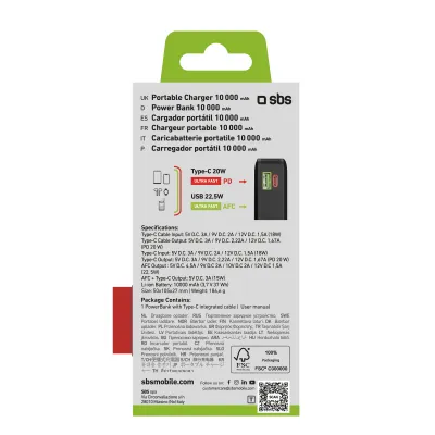 SBS - Powerbank 10000 mAh 20 W, Power Delivery, LCD, s integrovaným káblom, 2x USB-C/USB-A, čierna