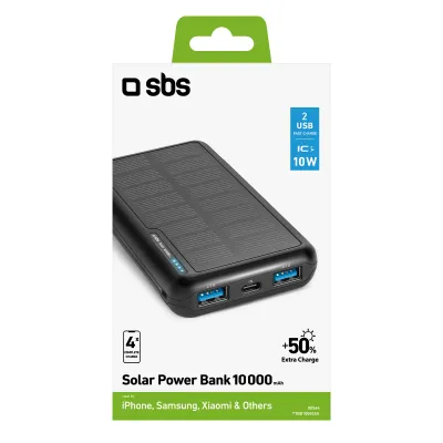 SBS - PowerBank 10000 mAh 10 W, Intelligent Charge, Solar, USB-C/2x USB-A, čierna