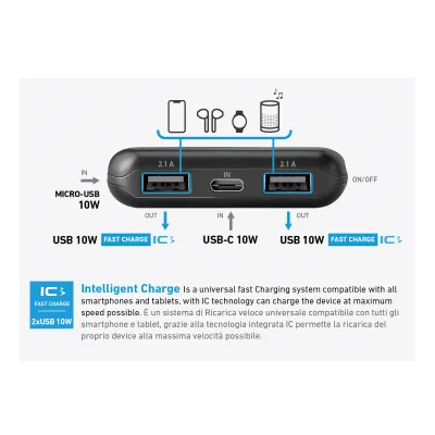 SBS - PowerBank 10000 mAh 10 W, Intelligent Charge, Solar, USB-C/2x USB-A, čierna