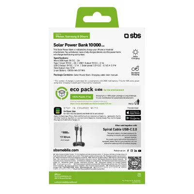 SBS - PowerBank 10000 mAh 10 W, Intelligent Charge, Solar, USB-C/2x USB-A, čierna