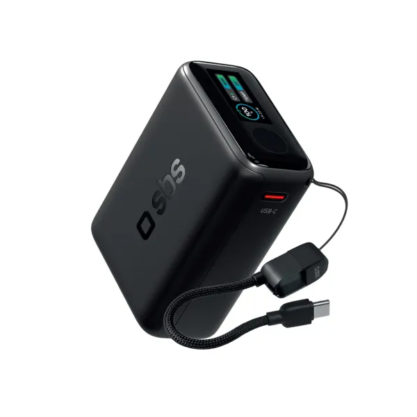 SBS - PowerBank 10000 mAh, AVS, PD 40 W, s USB-C káblom, čierna