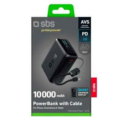SBS - PowerBank 10000 mAh, AVS, PD 40 W, s USB-C káblom, čierna