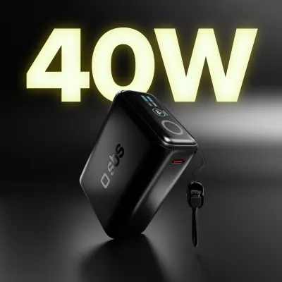 SBS - PowerBank 10000 mAh, AVS, PD 40 W, s USB-C káblom, čierna