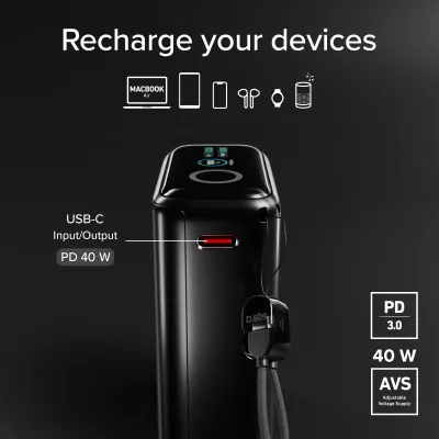 SBS - PowerBank 10000 mAh, AVS, PD 40 W, s USB-C káblom, čierna