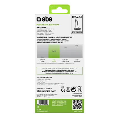 SBS - PowerBank 20000 mAh 10 W, Intelligent Charge, USB-C/2x USB-A, čierna