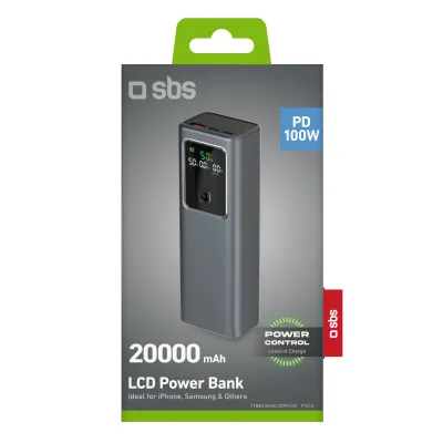 SBS - LCD PowerBank 20000 mAh, 100 W, PD, šedá