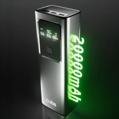 SBS - LCD PowerBank 20000 mAh, 100 W, PD, šedá