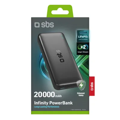 SBS - PowerBank 20000 mAh 10 W, Infinity, LiFePO4, USB-C/USB-A, čierna