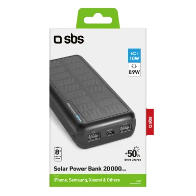 SBS - PowerBank 20000 mAh 10 W, Intelligent Charge, Solar, USB-C/2x USB-A, čierna
