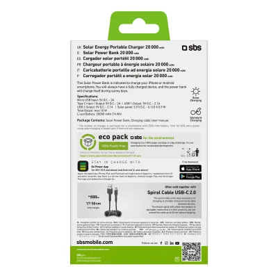 SBS - PowerBank 20000 mAh 10 W, Intelligent Charge, Solar, USB-C/2x USB-A, čierna