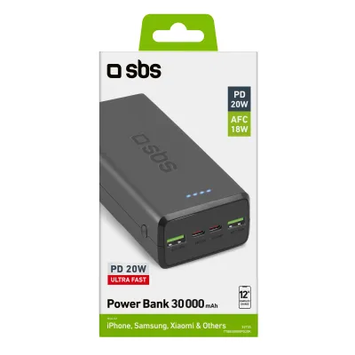 SBS - PowerBank 30000 mAh 20 W, Power Delivery, 2x USB-C/2x USB-A, čierna