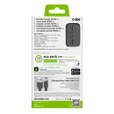 SBS - PowerBank 30000 mAh 20 W, Power Delivery, 2x USB-C/2x USB-A, čierna