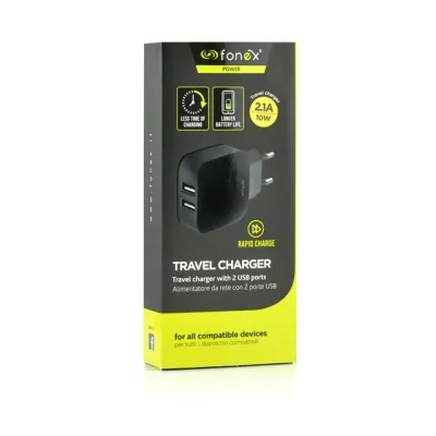 Fonex - Cestovný adaptér 2xUSB-A, 2.1 A, 10 W, čierna
