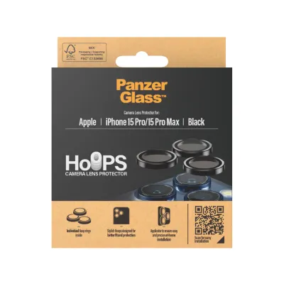 PanzerGlass - Ochranný kryt objektívu fotoaparátu Hoops pre iPhone 15 Pro/15 Pro Max, čierna