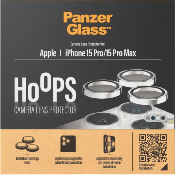 PanzerGlass - Ochranný kryt objektívu Hoops pre iPhone 15 Pro/15 Pro Max, white metal
