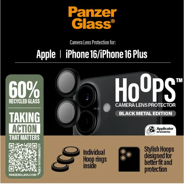 PanzerGlass - Ochranný kryt objektívu Hoops pre iPhone 16/16 Plus, čierna