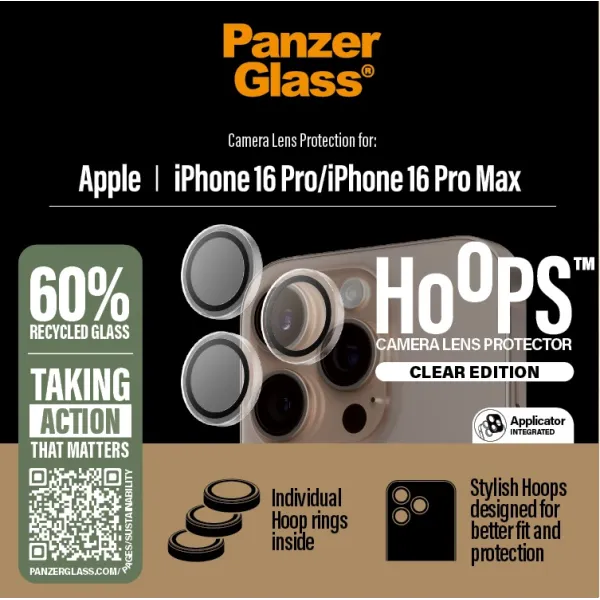 PanzerGlass - Ochranný kryt objektívu Hoops pre iPhone 16 Pro/16 Pro Max, číra