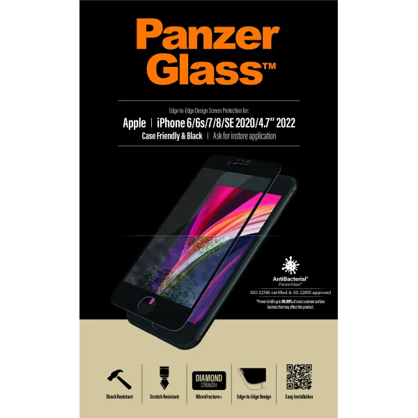 PanzerGlass - Tvrdené sklo Case Friendly AB pre iPhone SE 2022/SE 2020/8/7/6s/6, čierna