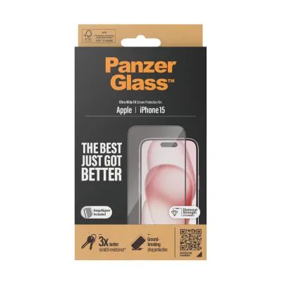 PanzerGlass - Tvrdené sklo UWF s aplikátorom pre iPhone 15, čierna