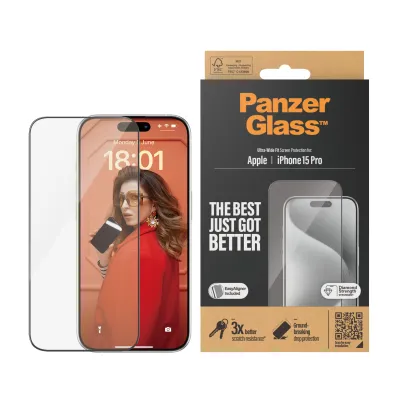 PanzerGlass - Tvrdené sklo UWF s aplikátorom pre iPhone 15 Pro, čierna