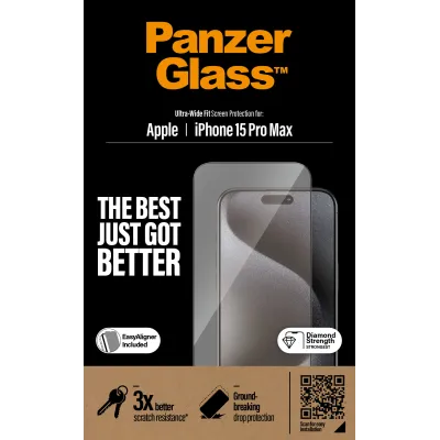 PanzerGlass - Tvrdené sklo UWF s aplikátorom pre iPhone 15 Pro Max, čierna