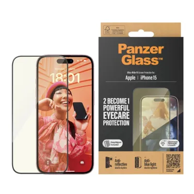 PanzerGlass - Tvrdené sklo UWF Eyecare s aplikátorom pre iPhone 15, čierna