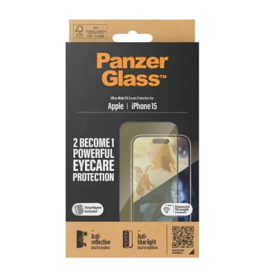 PanzerGlass - Tvrdené sklo UWF Eyecare s aplikátorom pre iPhone 15, čierna