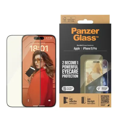 PanzerGlass - Tvrdené sklo UWF Eyecare s aplikátorom pre iPhone 15 Pro, čierna