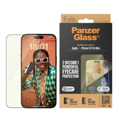 PanzerGlass - Tvrdené sklo UWF Eyecare s aplikátorom pre iPhone 15 Pro Max, čierna