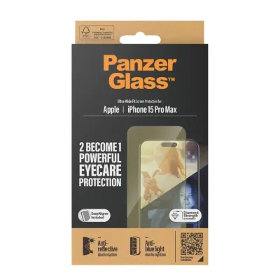 PanzerGlass - Tvrdené sklo UWF Eyecare s aplikátorom pre iPhone 15 Pro Max, čierna