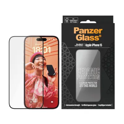 PanzerGlass - Tvrdené sklo UWF Ceramic s aplikátorom pre iPhone 15, čierna