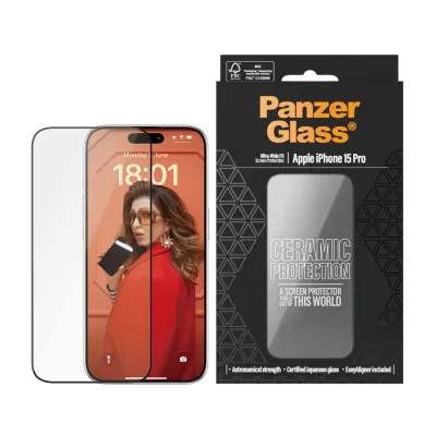 PanzerGlass - Tvrdené sklo UWF Ceramic s aplikátorom pre iPhone 15 Pro, čierna