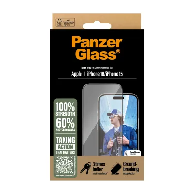 PanzerGlass - Tvrdené sklo UWF s aplikátorom pre iPhone 16/15, čierna
