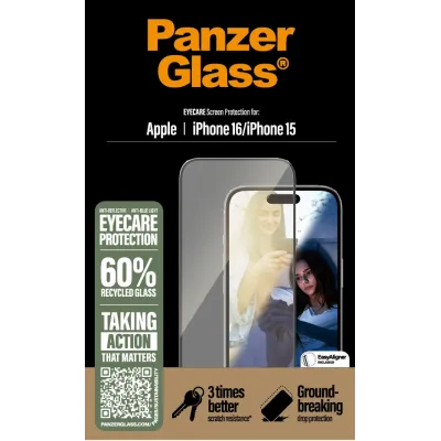 PanzerGlass - Tvrdené sklo UWF Eyecare s aplikátorom pre iPhone 16/15, čierna