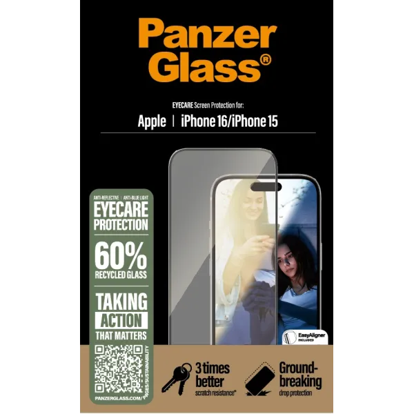 PanzerGlass - Tvrdené sklo UWF Eyecare s aplikátorom pre iPhone 16/15, čierna