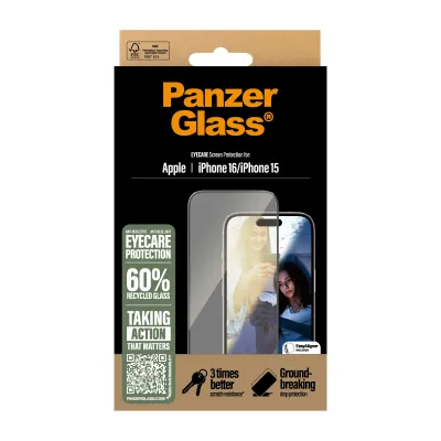 PanzerGlass - Tvrdené sklo UWF Eyecare s aplikátorom pre iPhone 16/15, čierna