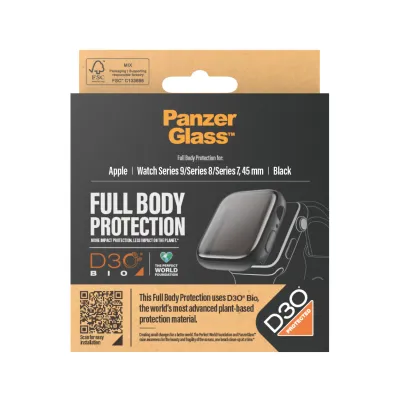 PanzerGlass - Tvrdené sklo Full Body D3O pre Apple Watch 9/8/7 45 mm, čierna