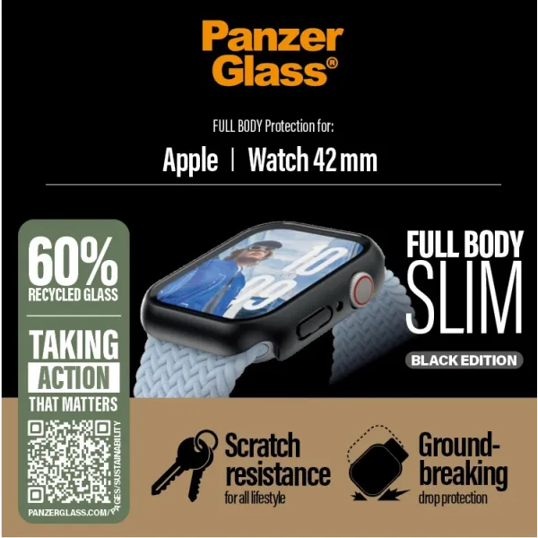 PanzerGlass - Tvrdené sklo Full Body Slim pre Apple Watch 42 mm, čierna