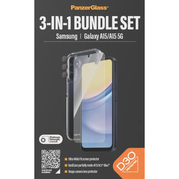 PanzerGlass - Bundle Hoops + Tvrdené sklo UWF + Hard Case D3O pre Samsung Galaxy A15/A15 5G
