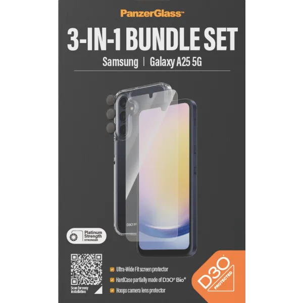 PanzerGlass - Bundle Hoops + Tvrdené sklo UWF + Hard Case D3O pre Samsung Galaxy A25 5G, transparentná