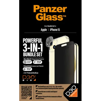 PanzerGlass - Bundle PicturePerfect + Tvrdené sklo UWF Privacy + Hard Case D3O pre iPhone 15