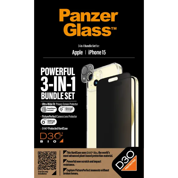 PanzerGlass - Bundle PicturePerfect + Tvrdené sklo UWF Privacy + Hard Case D3O pre iPhone 15