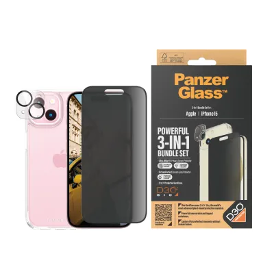 PanzerGlass - Bundle PicturePerfect + Tvrdené sklo UWF Privacy + Hard Case D3O pre iPhone 15