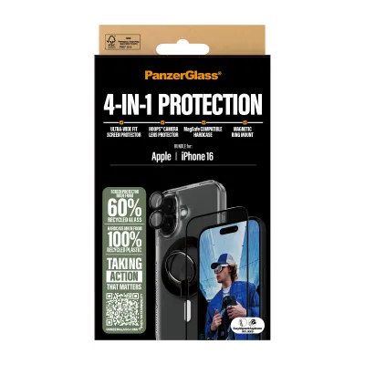 PanzerGlass - Bundle Hoops + Tvrdené sklo UWF + Hard Case + Magnetic Ring Mount pre iPhone 16