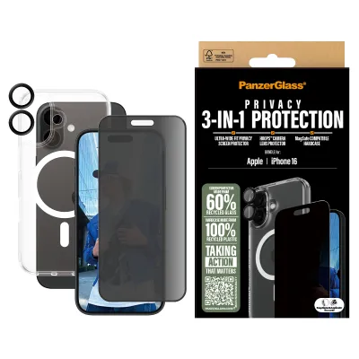PanzerGlass - Bundle Hoops + Tvrdené sklo UWF Privacy + Hard Case pre iPhone 16
