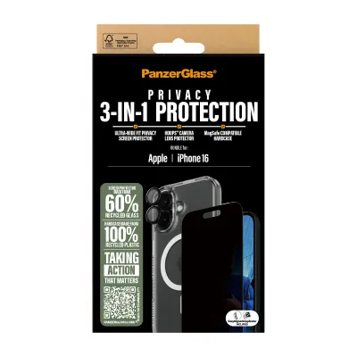 PanzerGlass - Bundle Hoops + Tvrdené sklo UWF Privacy + Hard Case pre iPhone 16