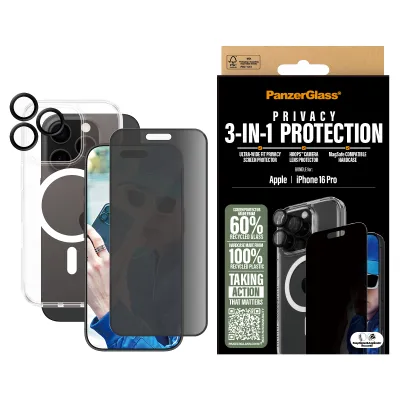 PanzerGlass - Bundle Hoops + Tvrdené sklo UWF Privacy + Hard Case pre iPhone 16 Pro