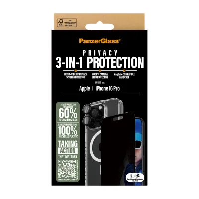 PanzerGlass - Bundle Hoops + Tvrdené sklo UWF Privacy + Hard Case pre iPhone 16 Pro