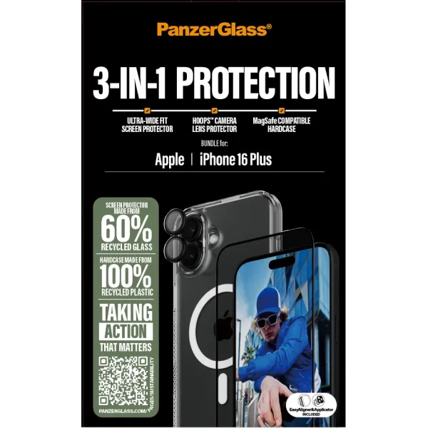 PanzerGlass - Bundle Hoops + Tvrdené sklo UWF + Hard Case pre iPhone 16 Plus